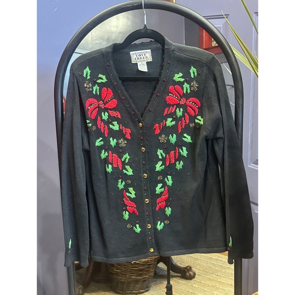 COVE CREEK Sweaters - Cove Creek Black Christmas Cardigan Sweater Red Green‎ Bow Poinsettia Beaded M